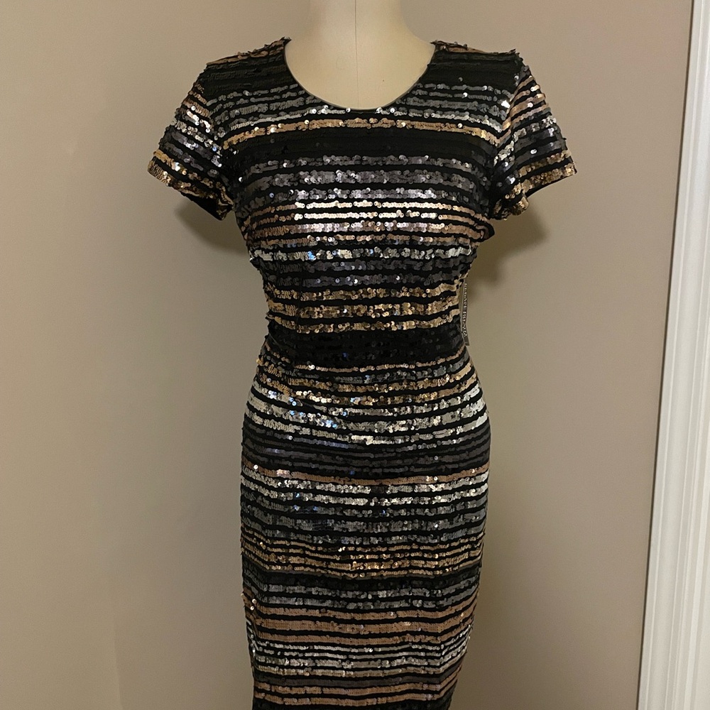 New York & Company Gold and Black Sequin Sheath Dress
